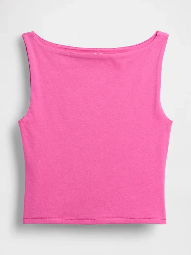 Tätstickad jersey-tanktop med båthals och kort passform