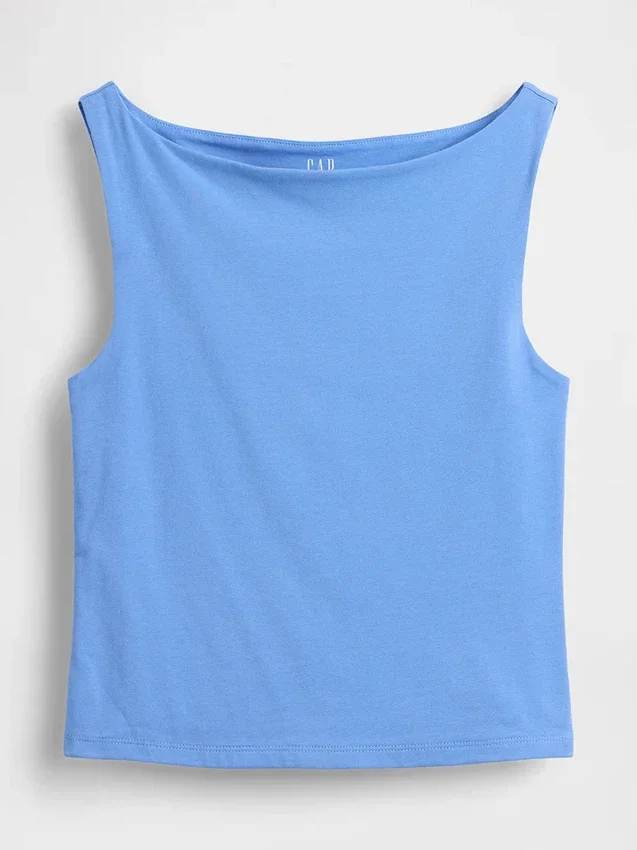 Tätstickad jersey-tanktop med båthals och kort passform