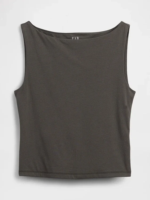 Tätstickad jersey-tanktop med båthals och kort passform