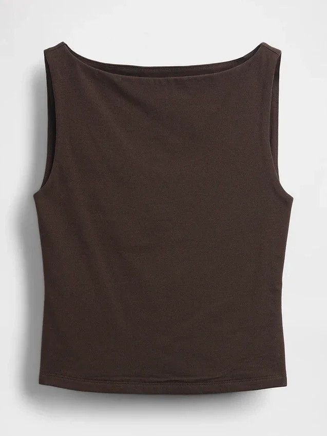 Tätstickad jersey-tanktop med båthals och kort passform