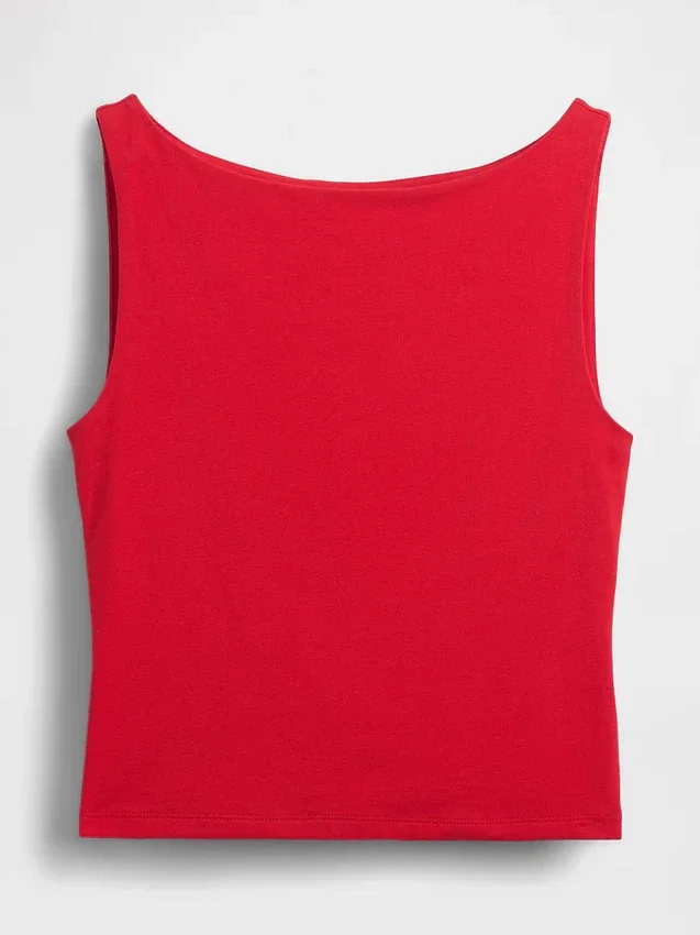 Tätstickad jersey-tanktop med båthals och kort passform