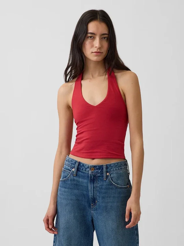 Tättstickad kort halterneck-top