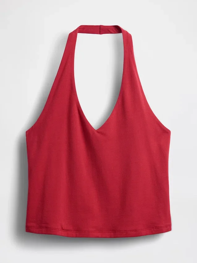 Tättstickad kort halterneck-top
