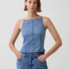 Ultramjuk topp i denim med sömmar och fyrkantig halsringning