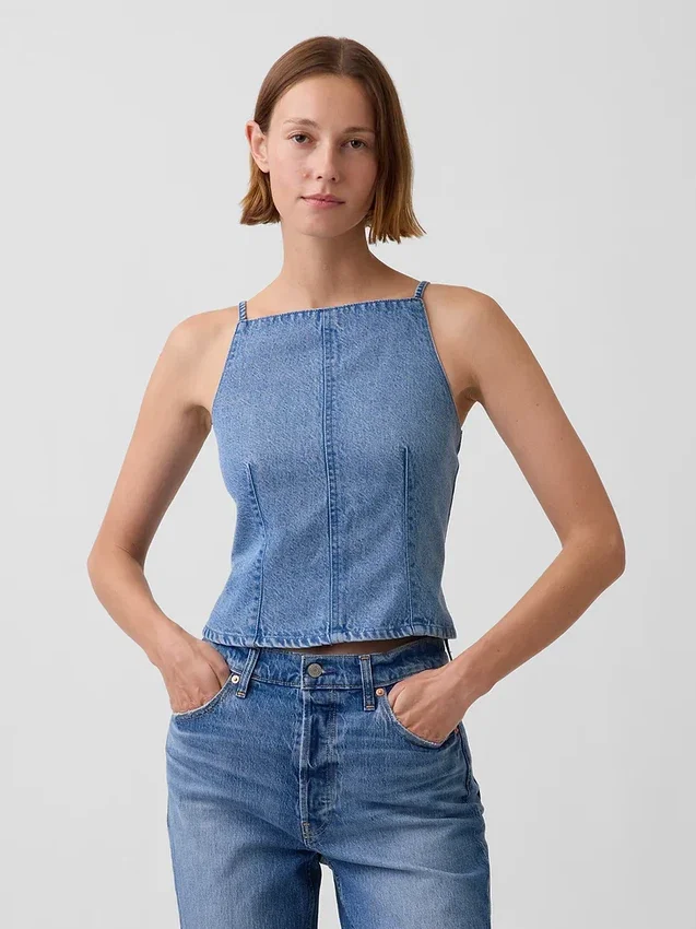 Ultramjuk topp i denim med sömmar och fyrkantig halsringning