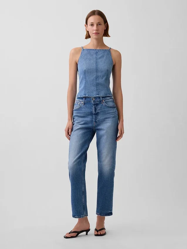 Ultramjuk topp i denim med sömmar och fyrkantig halsringning