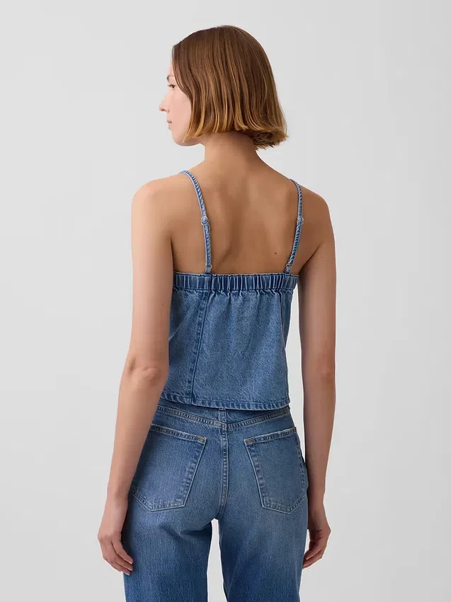 Ultramjuk topp i denim med sömmar och fyrkantig halsringning