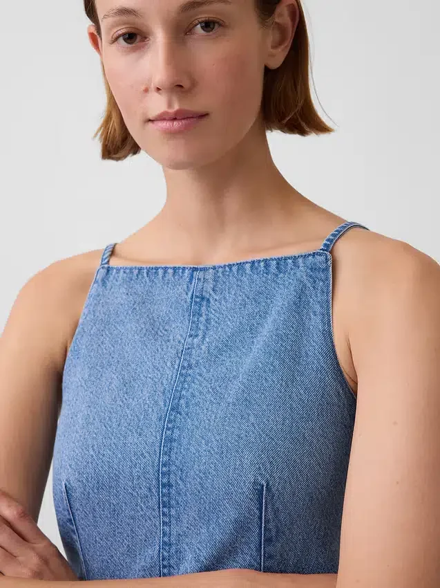 Ultramjuk topp i denim med sömmar och fyrkantig halsringning