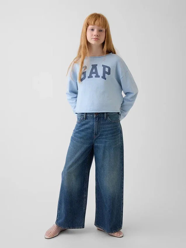 Vintagesoft-frottétröja med bred halsringning och logotyp för barn