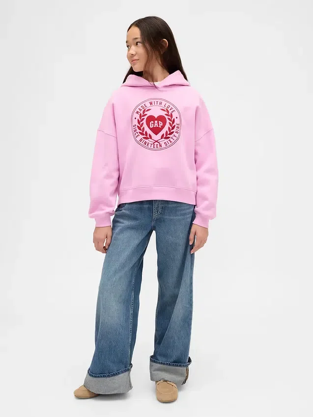 Vintagesoft-hoodie i barnstorlek med överdimensionerat hjärtmärke