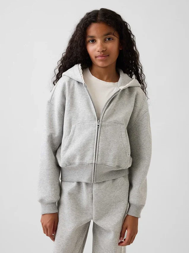 Vintagesoft-hoodie med dragkedja och spetskant för barn