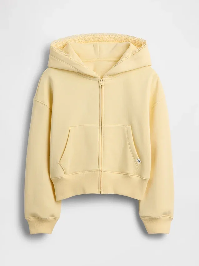 Vintagesoft-hoodie med dragkedja och spetskant för barn