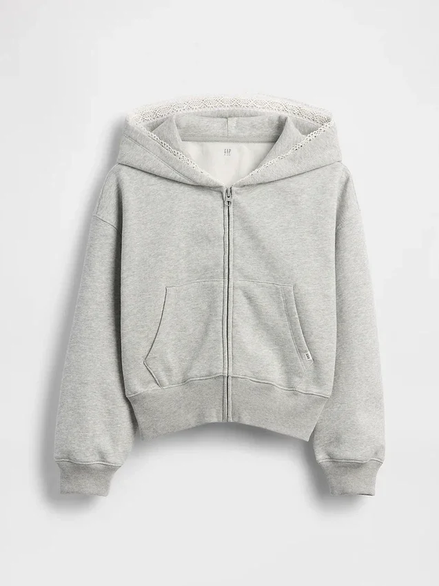 Vintagesoft-hoodie med dragkedja och spetskant för barn