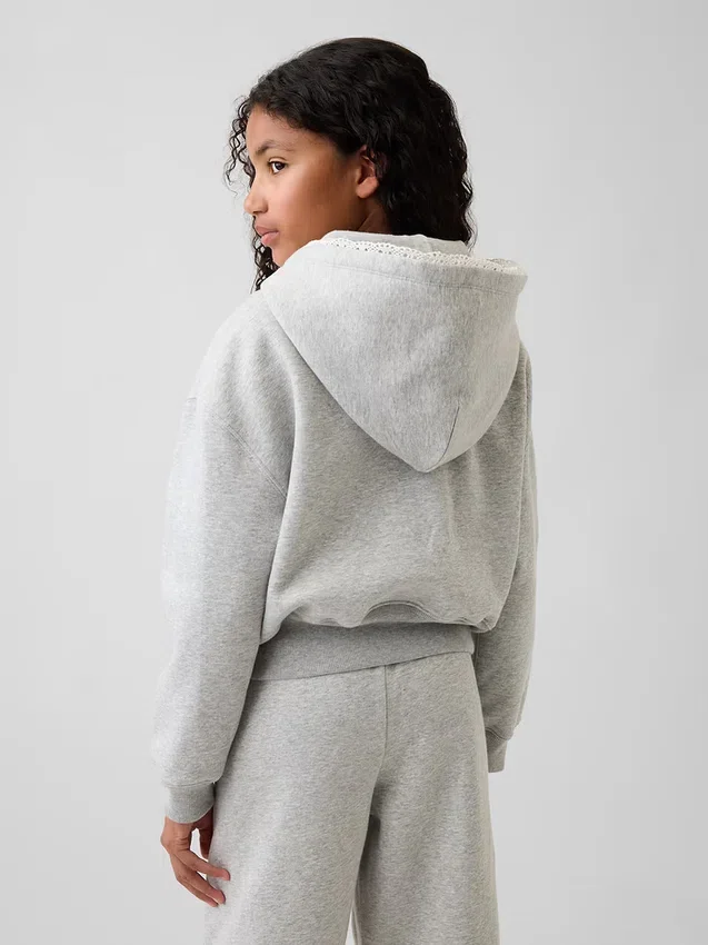Vintagesoft-hoodie med dragkedja och spetskant för barn